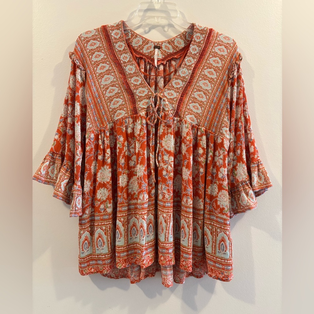 Free People XS Orange/Blue Viscose Flowy Top Popover Pockets